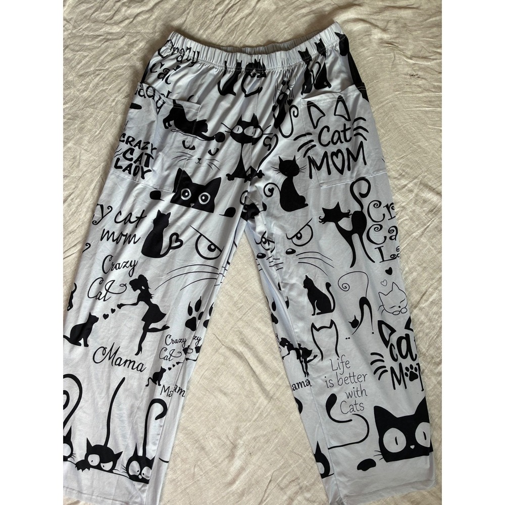 Cat Lady Pajama Pants Women 3XL Gray Mom Graphic Print Loungewear Sleepwear